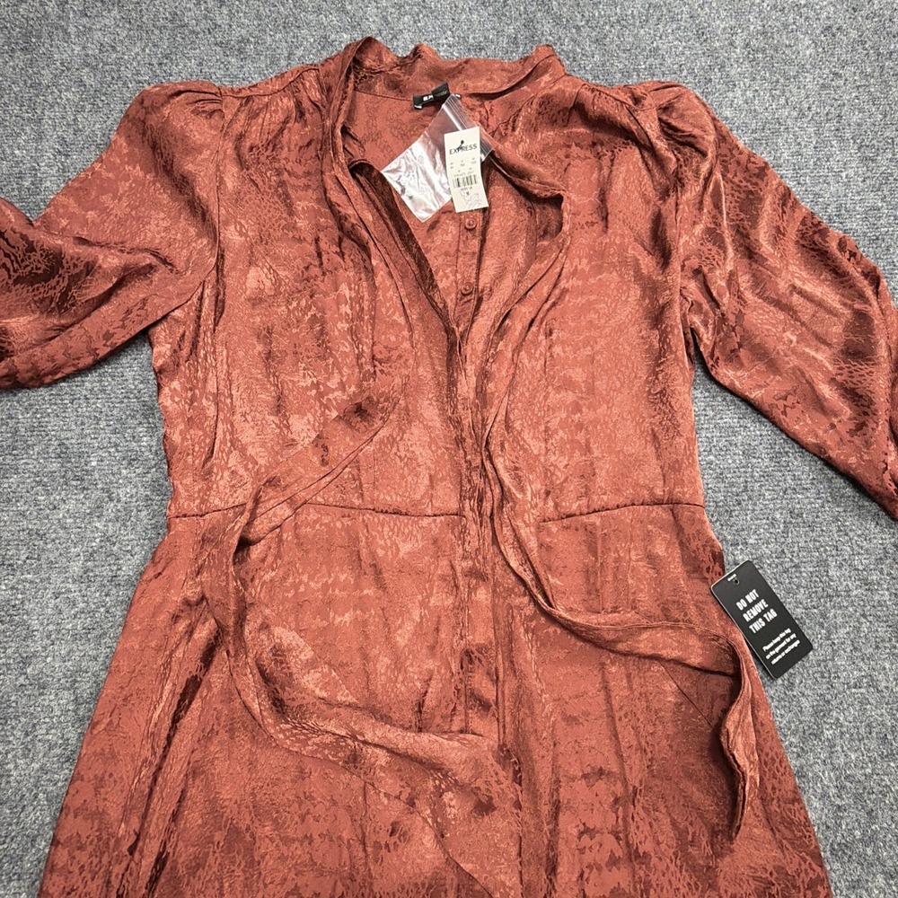 Express Satin Dress [M] Rust Orange Snakeskin‎ Jacquard Long Sleeve Ruffle Hem - Picture 8 of 13